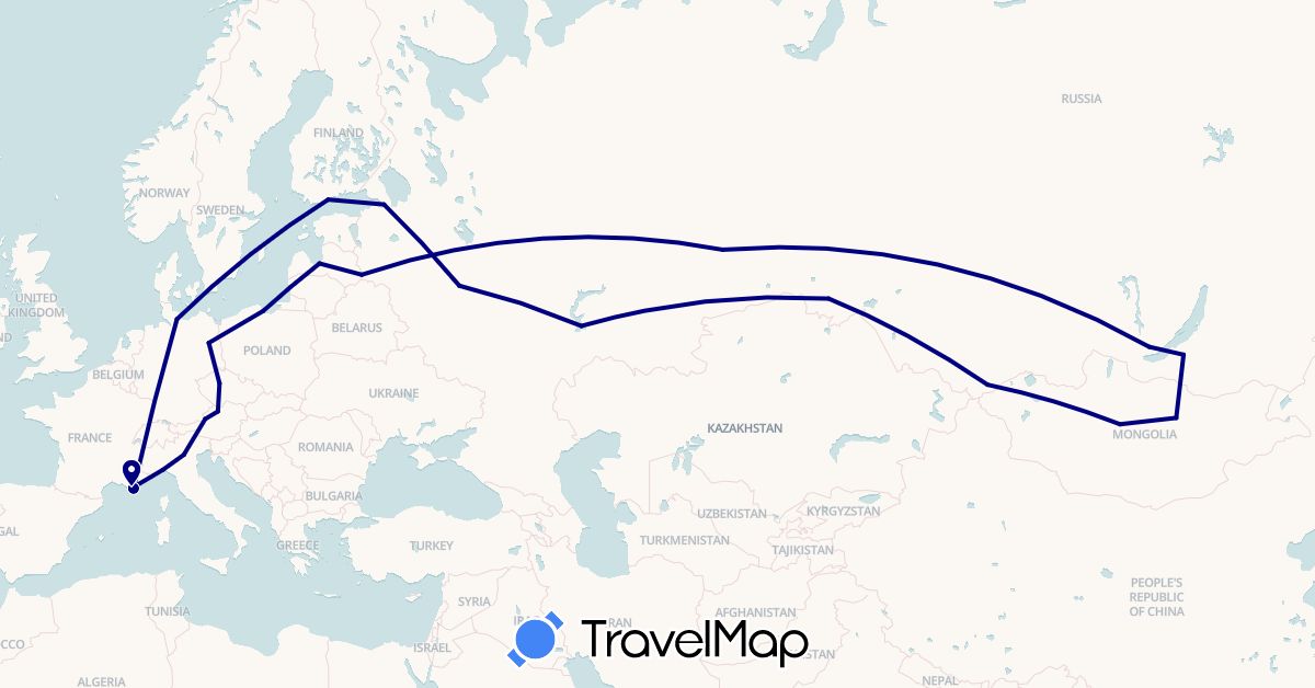 TravelMap itinerary: driving in Austria, Czech Republic, Germany, Finland, France, Italy, Latvia, Mongolia, Poland, Russia (Asia, Europe)